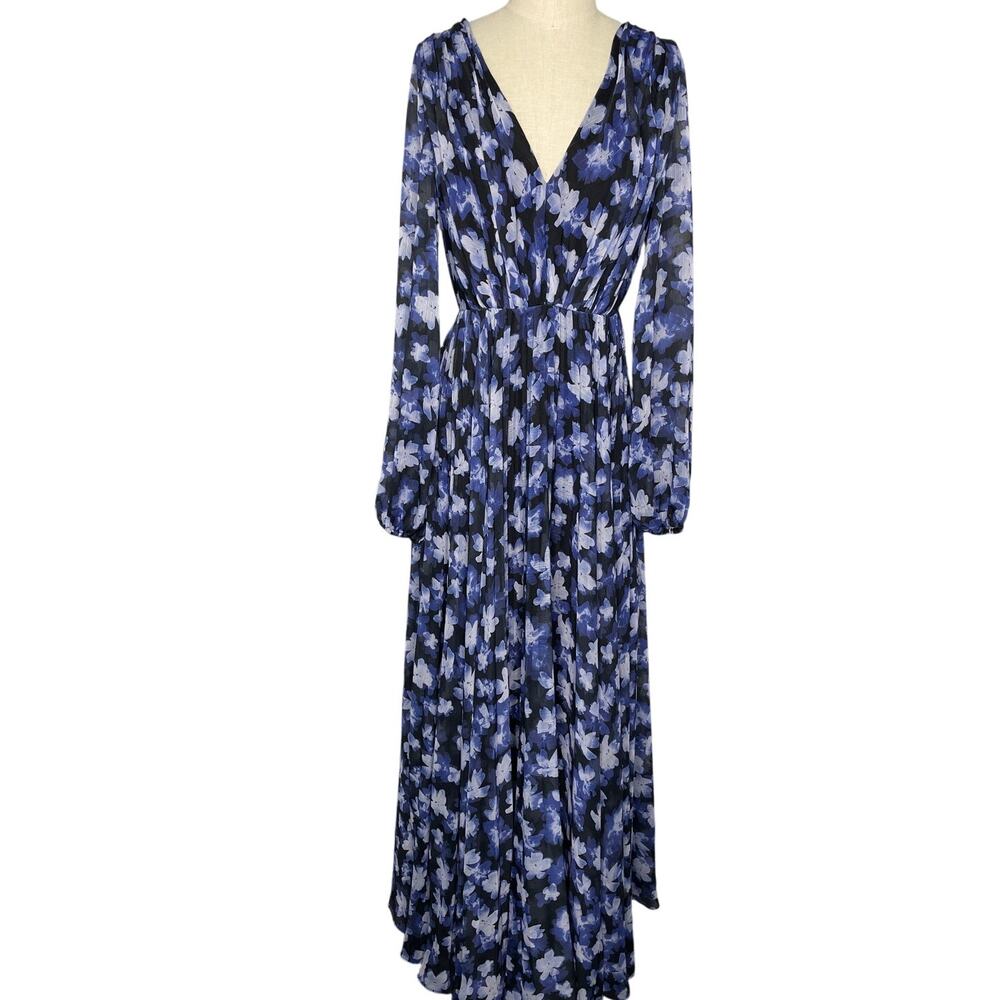 ML Monique Lhuillier Melanie Blue Floral Pleated Maxi Dress Size 4 - Picture 4 of 12